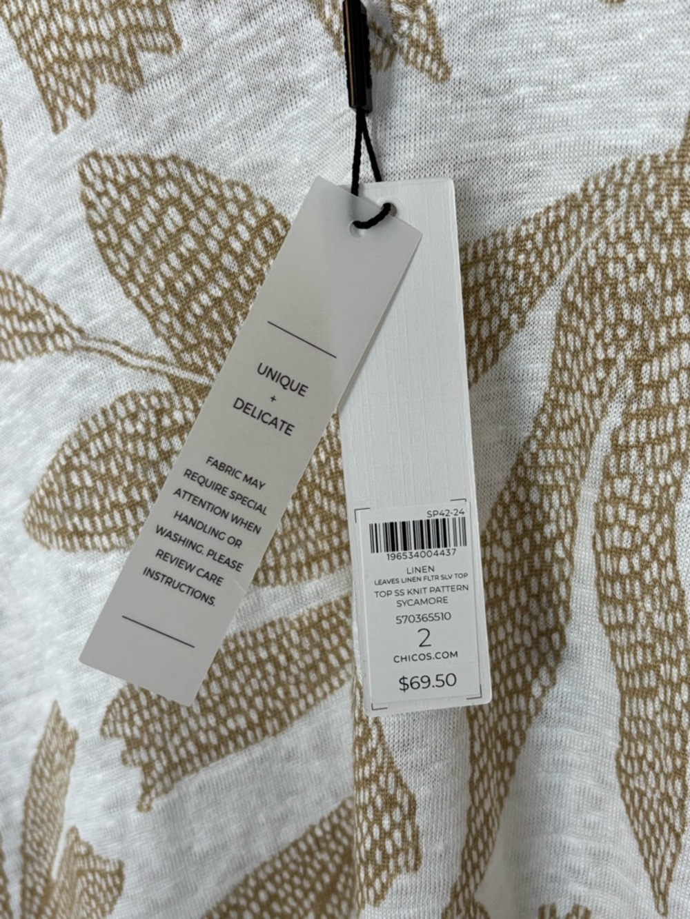 Chicos‎ Top Womens Lg 100% Linen Leaves Flutter Sleeve V-Neck Knit in Sycamore - Picture 4 of 9